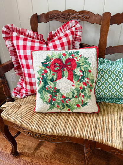 Holiday wreath with bow hand hooked pillow