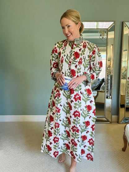 Pintuck caftan maxi dress red and green floral block print