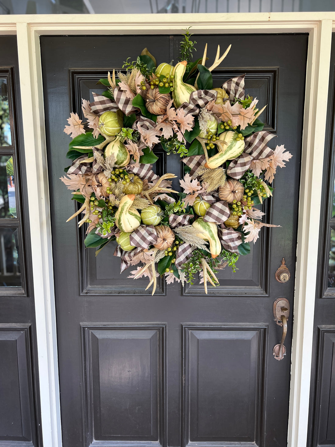 Pumpkin, gourd, and antler Fall wreath