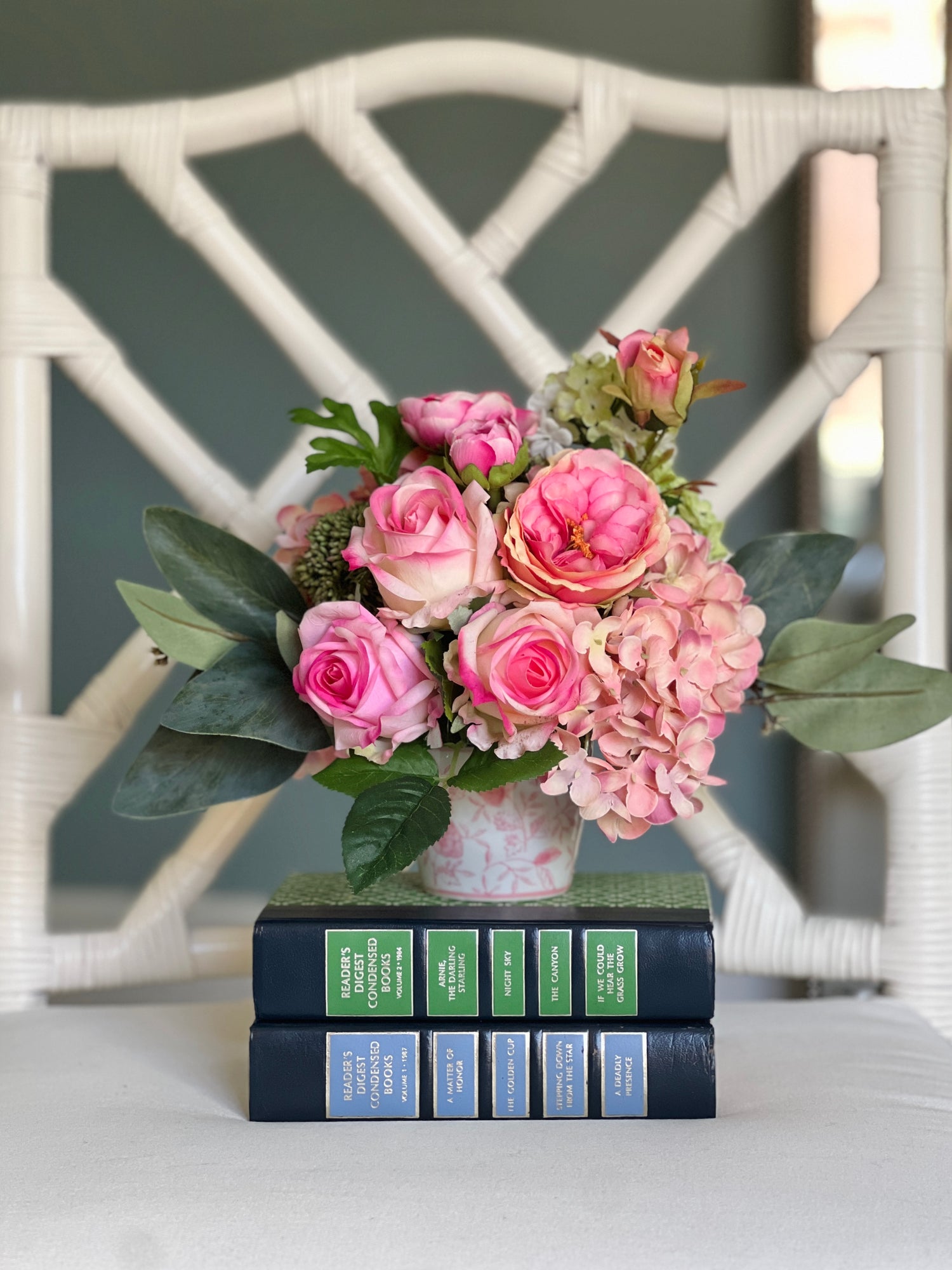 Petite faux floral arrangement, pink garden roses and hydrangeas in pink and white chinoiserie pot