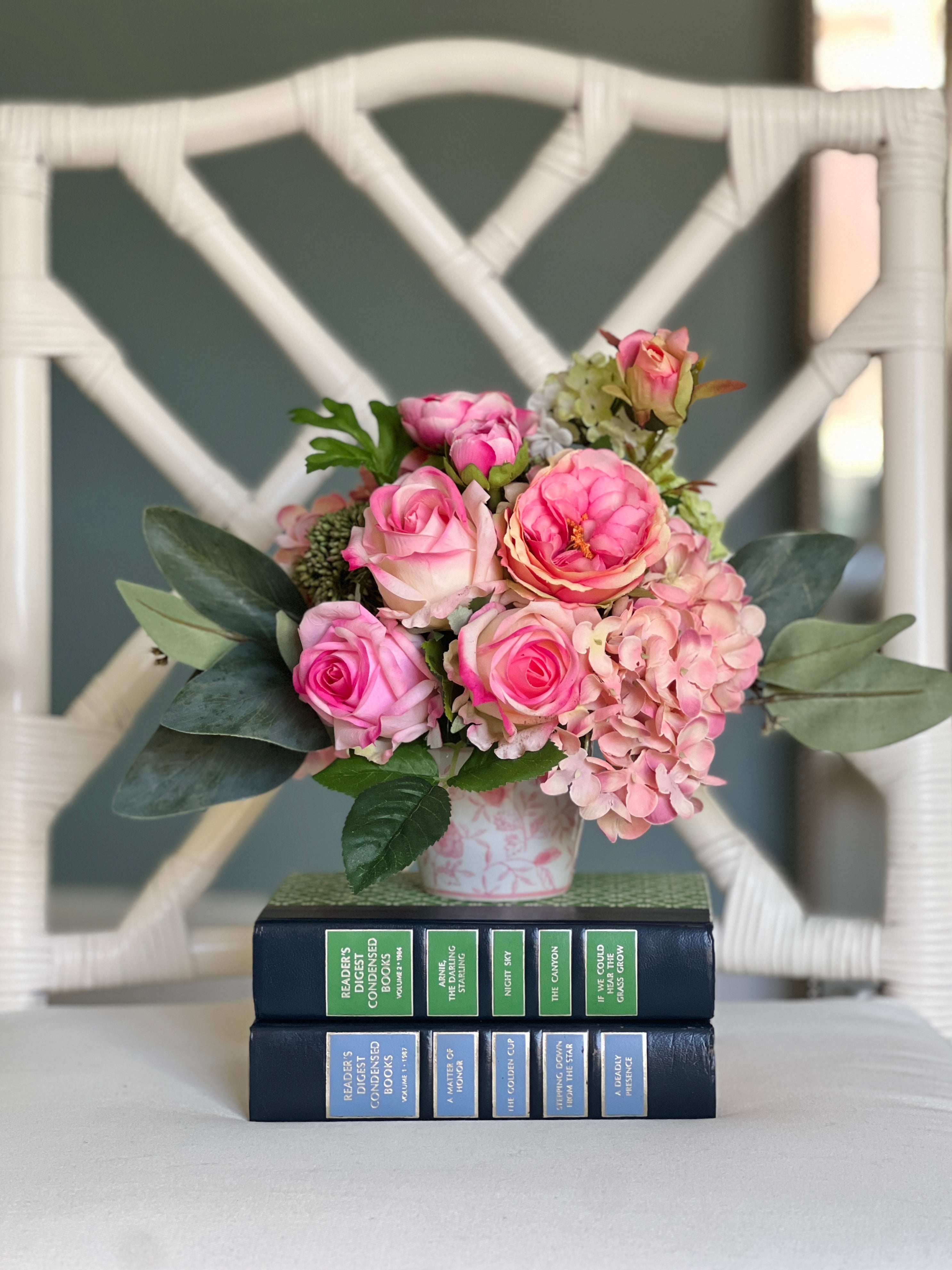 Petite faux floral arrangement, pink garden roses and hydrangeas in pink and white chinoiserie pot