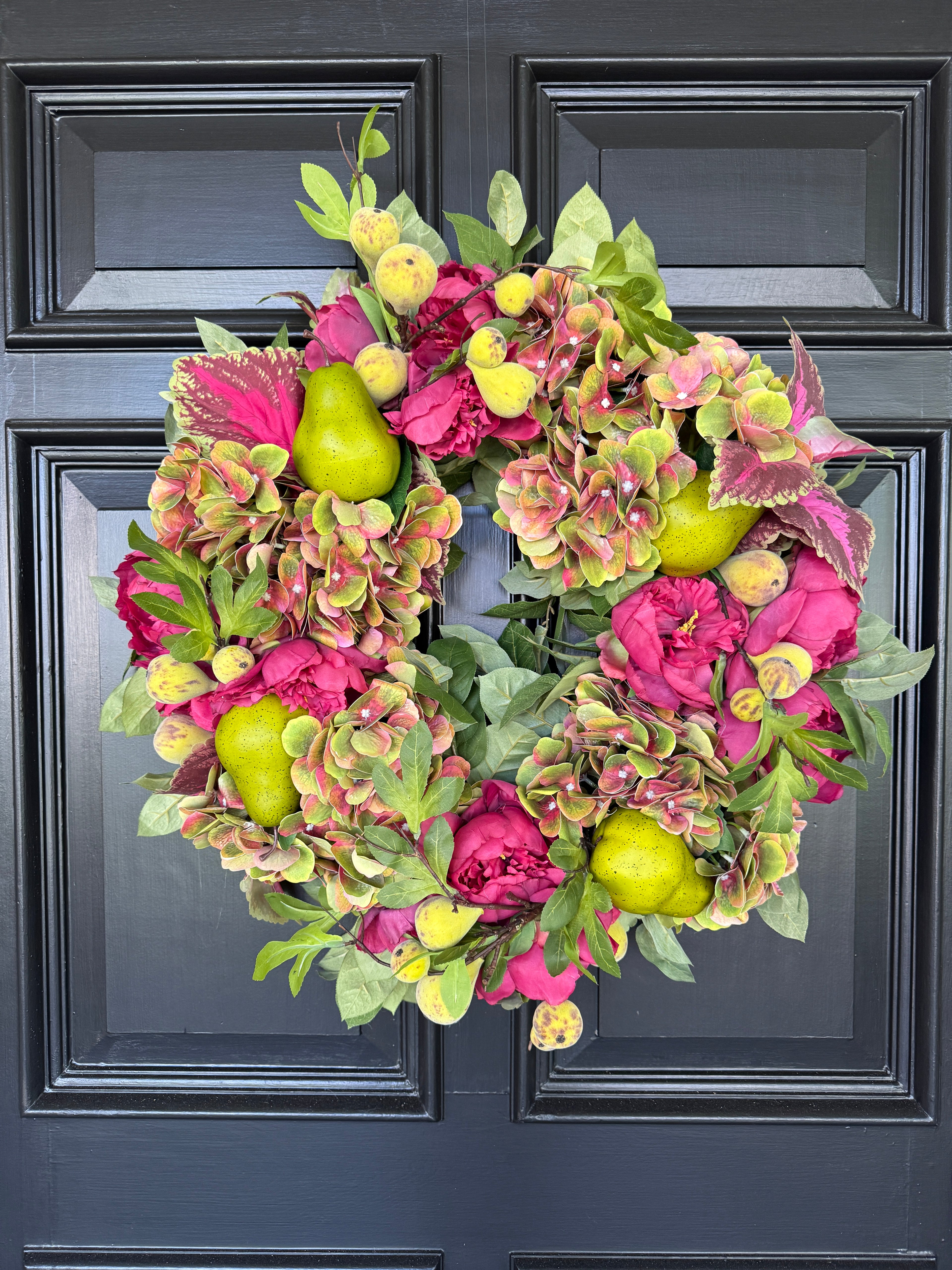 Magenta and pear green hydrangea and coleus floral wreath