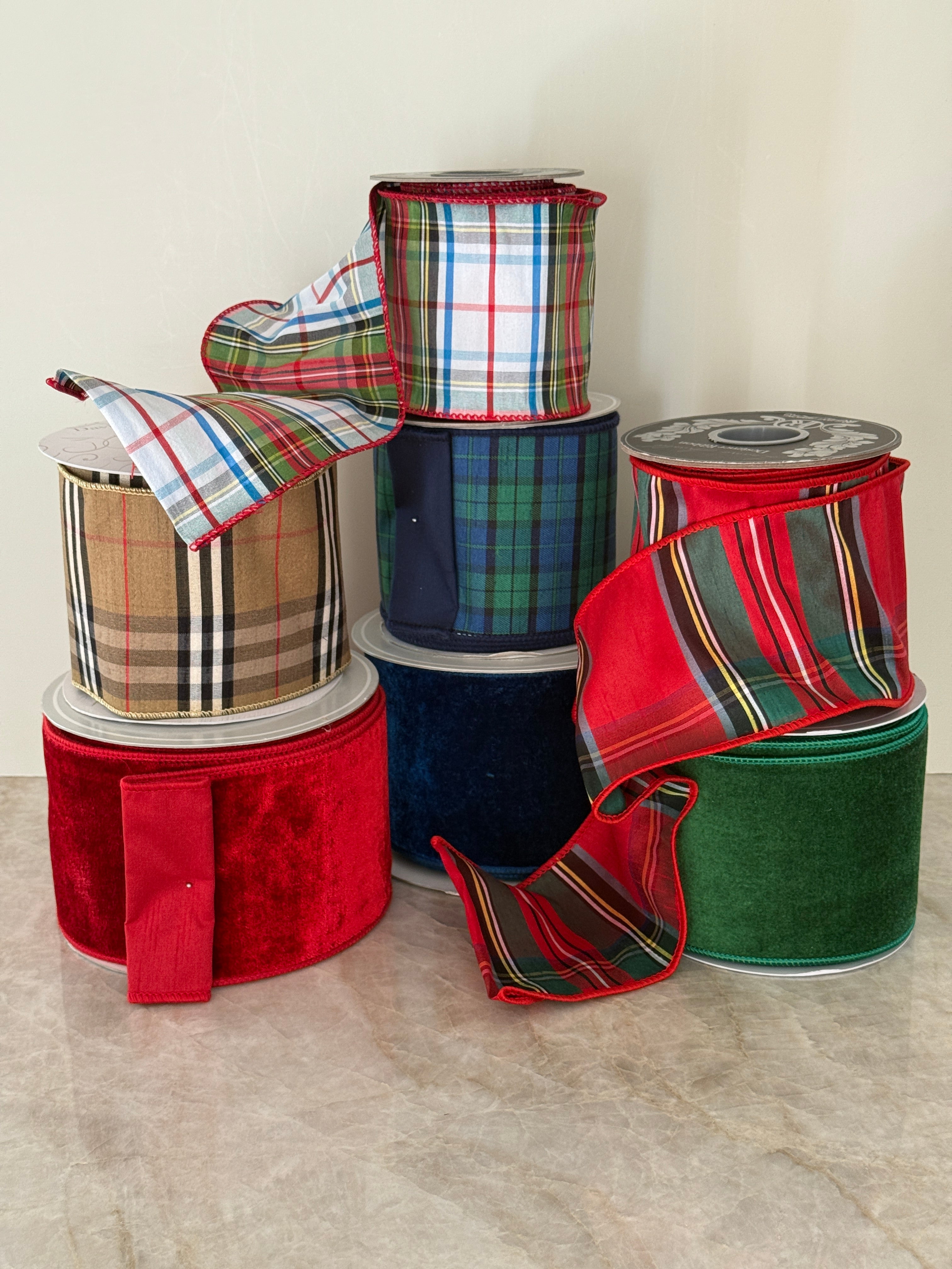 Christmas red tartan plaid ribbon by the roll, 4” x 10 yards