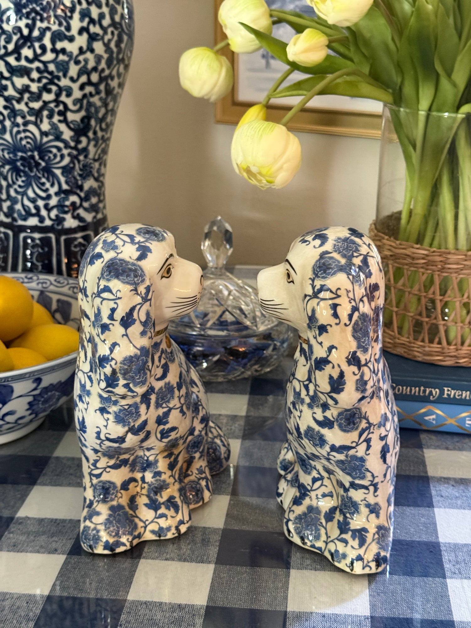Large blue and white floral Staffordshire dog pair 9” tall