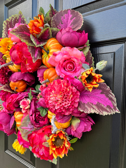 Pink and orange pumpkin Fall floral wreath