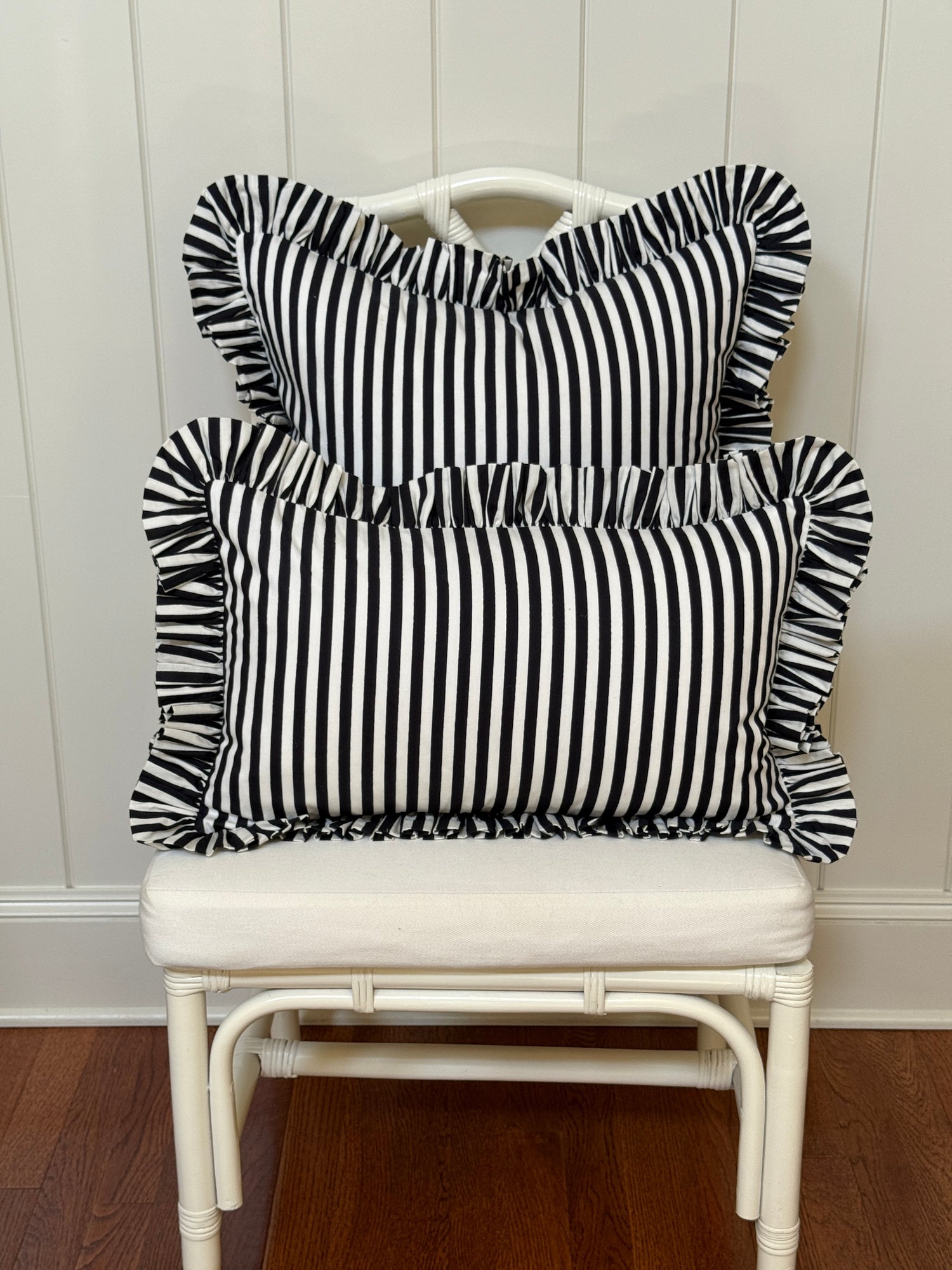 Black and white striped ruffle pillow cover, two sizes