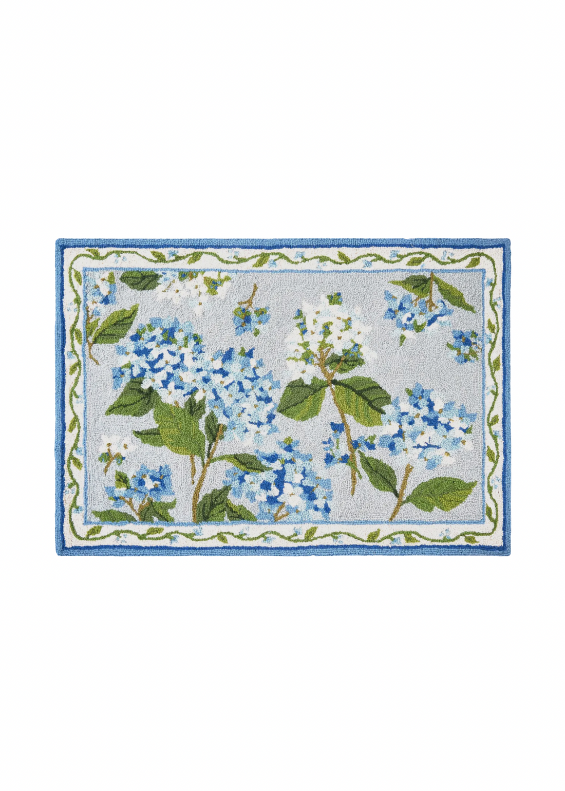 Blue hydrangea hand hooked accent rug