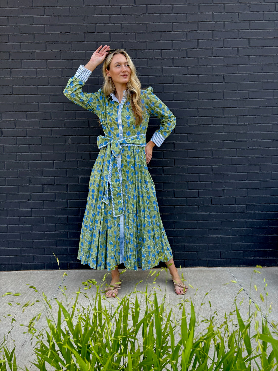 The Mary maxi shirtdress in green and blue freesia block print
