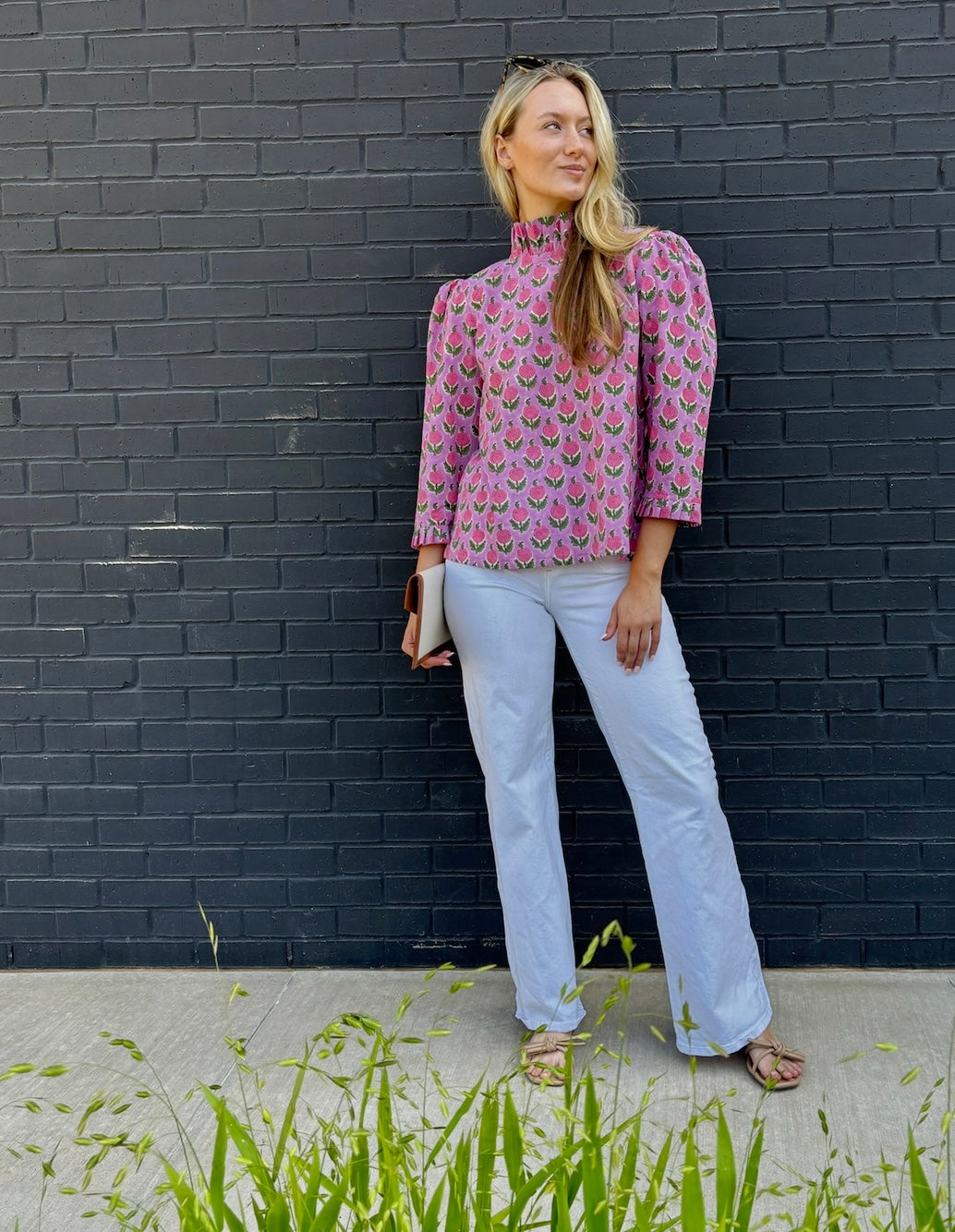 Maisie bow back top in Pink Posy block print