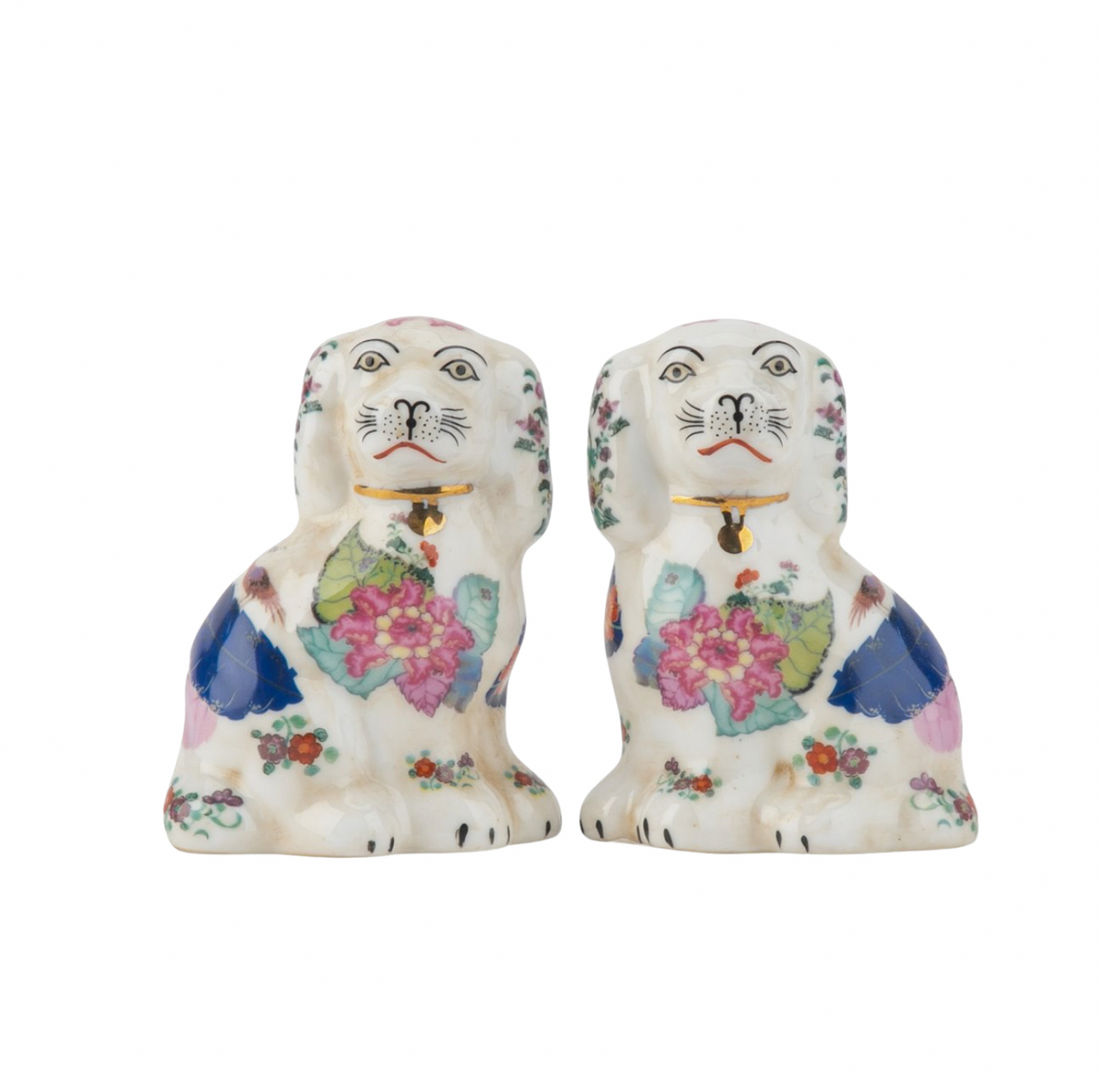 Tobacco Leaf floral mini porcelain Staffordshire dog figurine pair