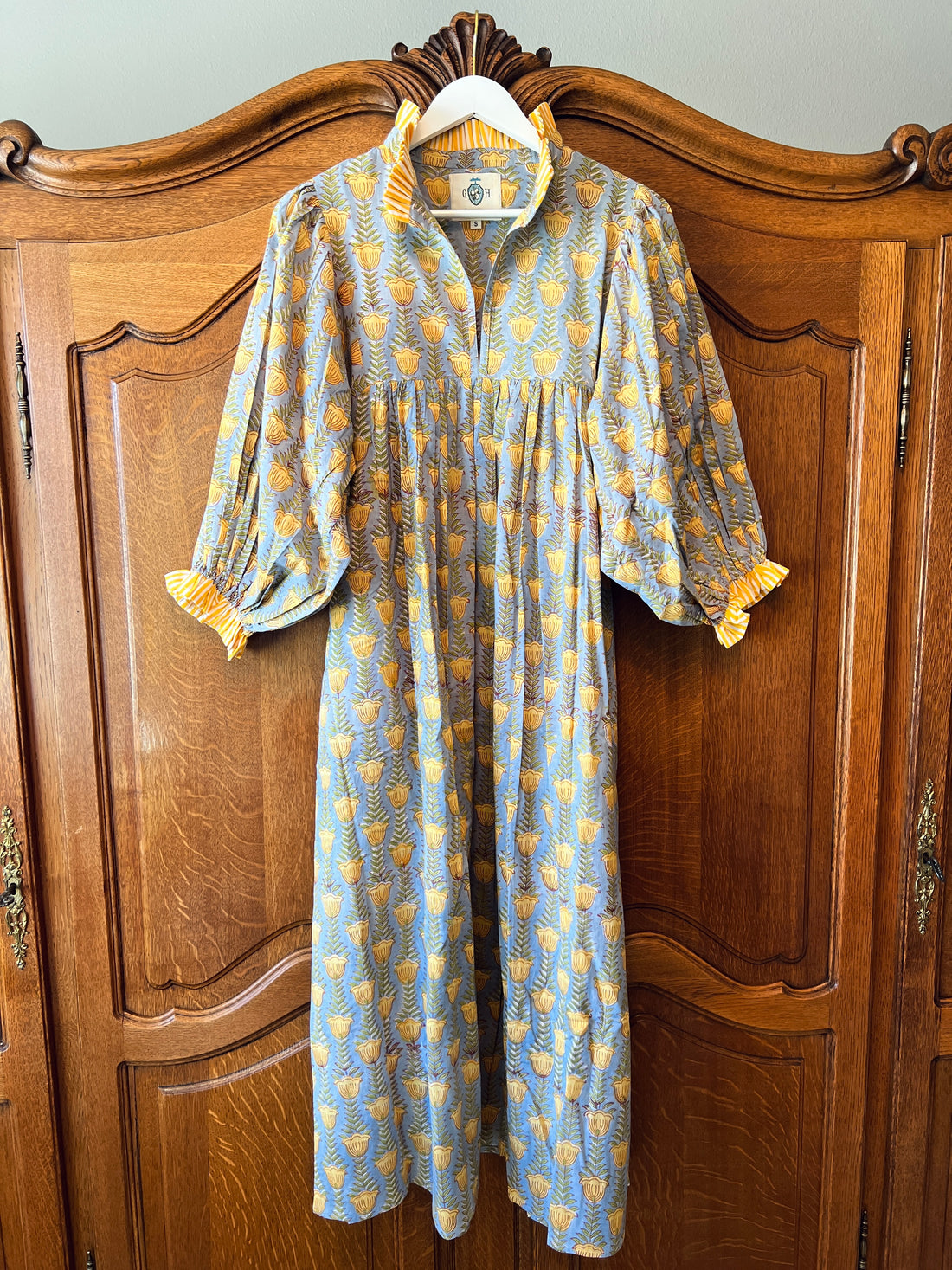 Lillie caftan maxi dress in blue and yellow buttercup block print