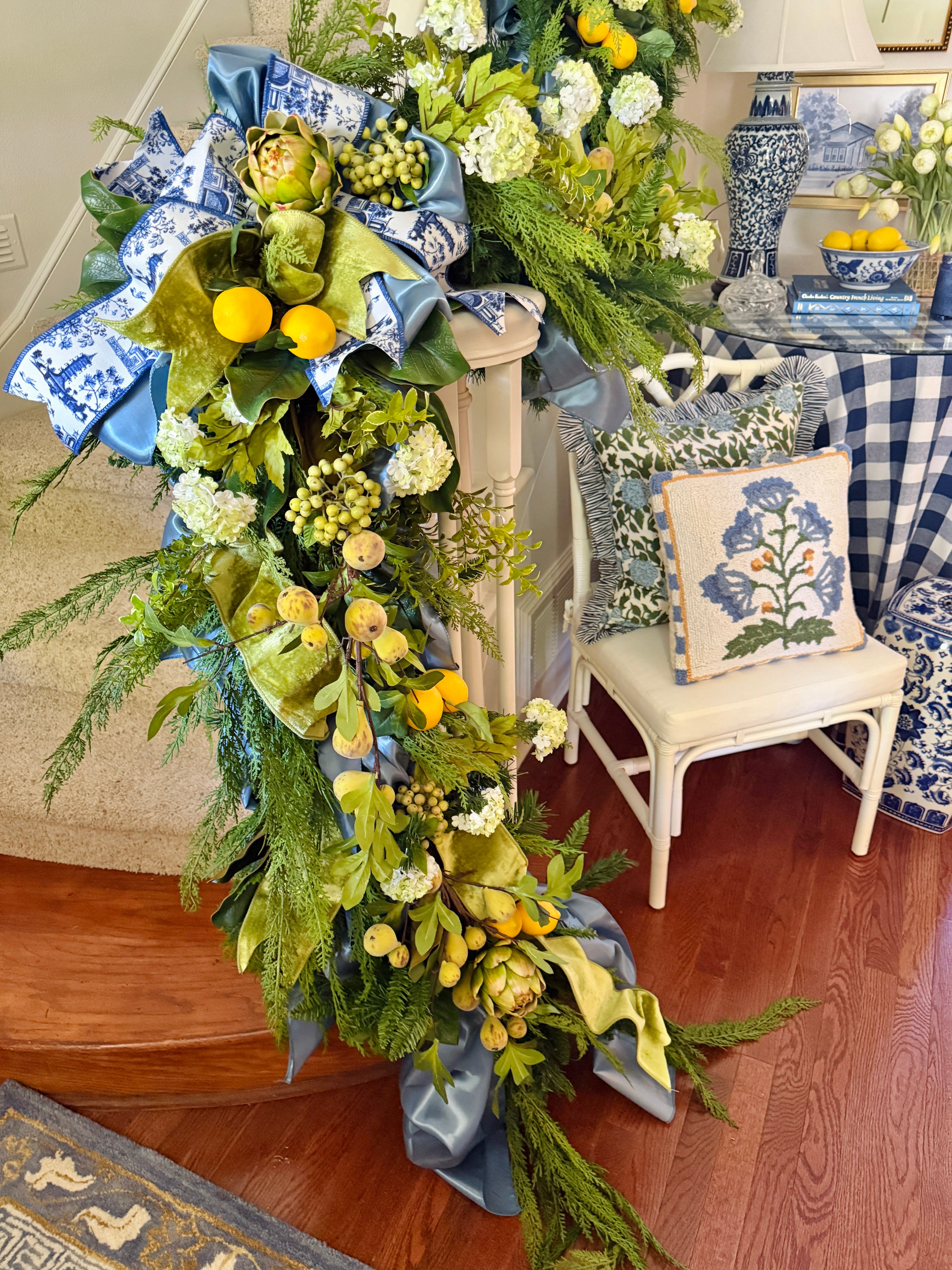 Blue and white chinoiserie ribbon by the roll, 4” wide by 5 yards