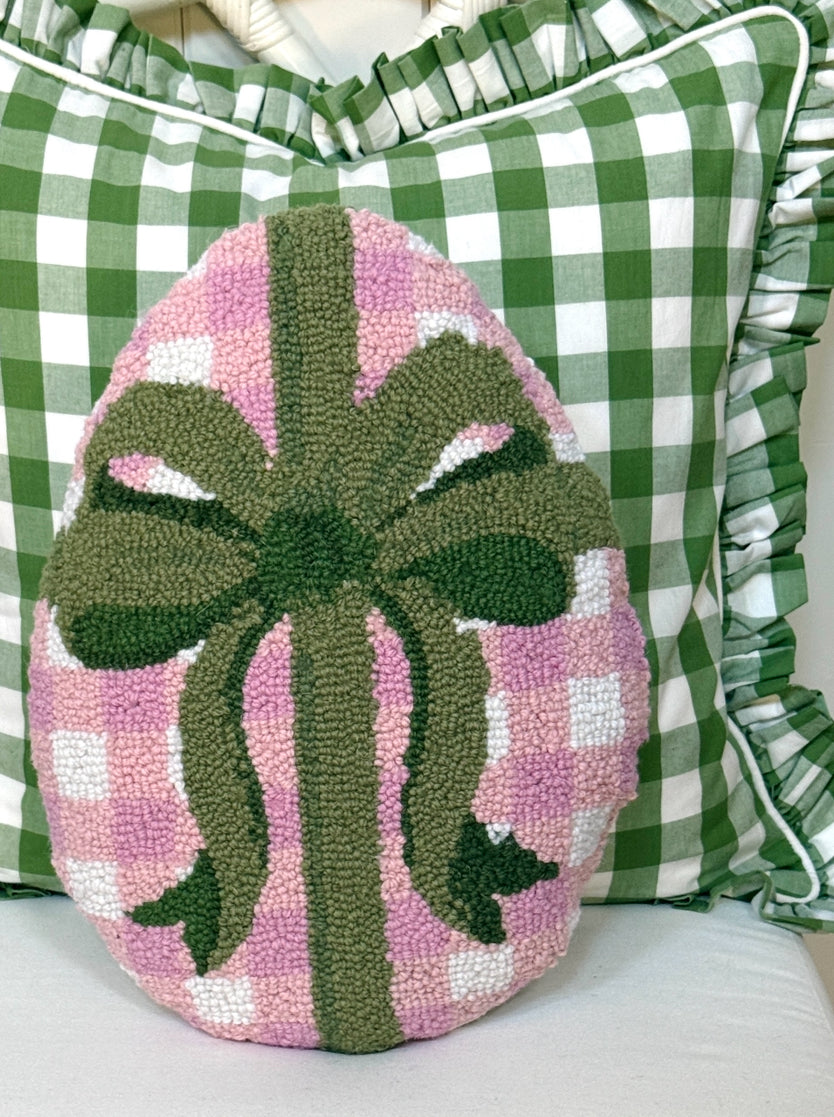Pink gingham Easter egg hand hooked pillow