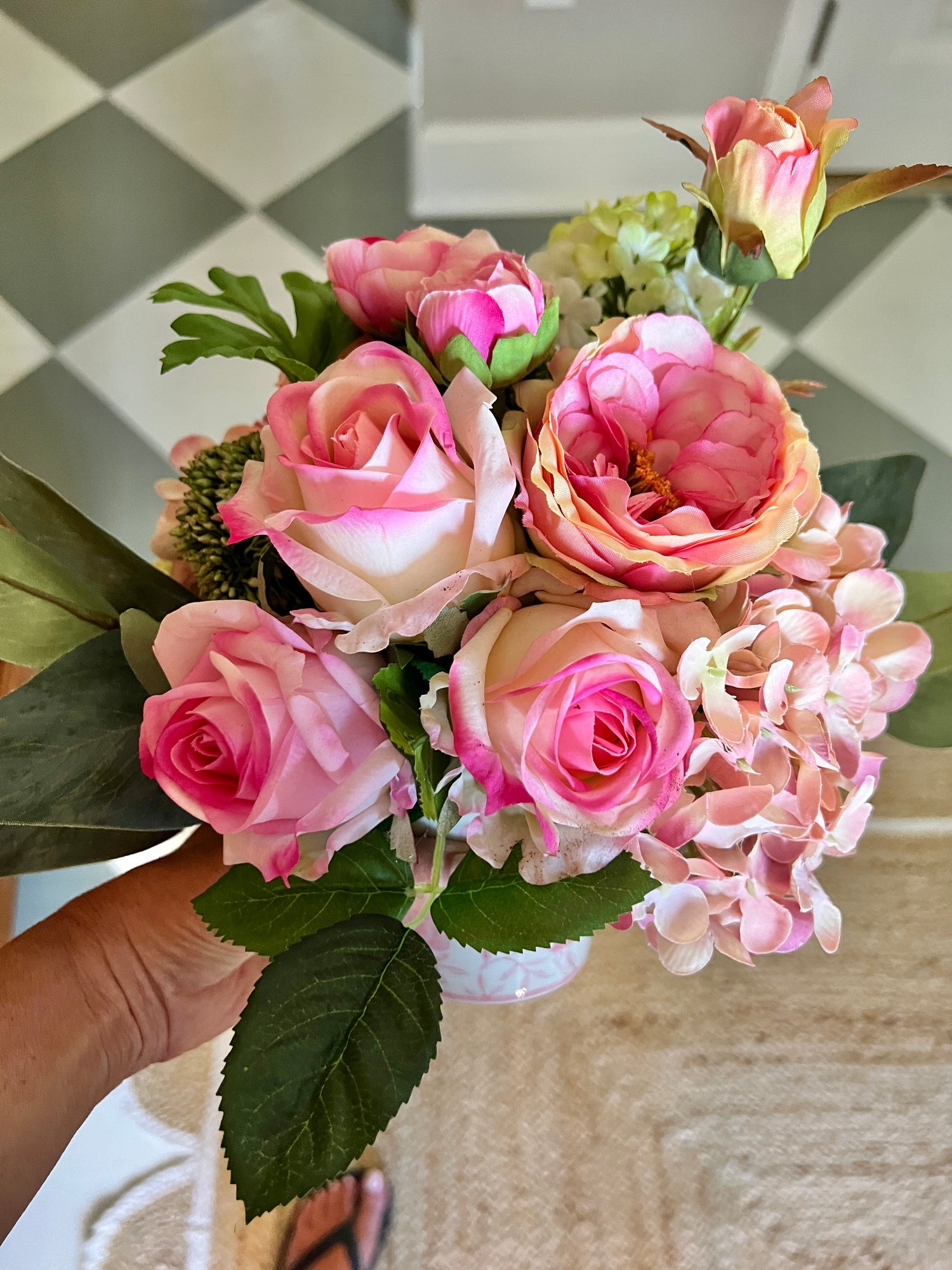 Petite faux floral arrangement, pink garden roses and hydrangeas in pink and white chinoiserie pot