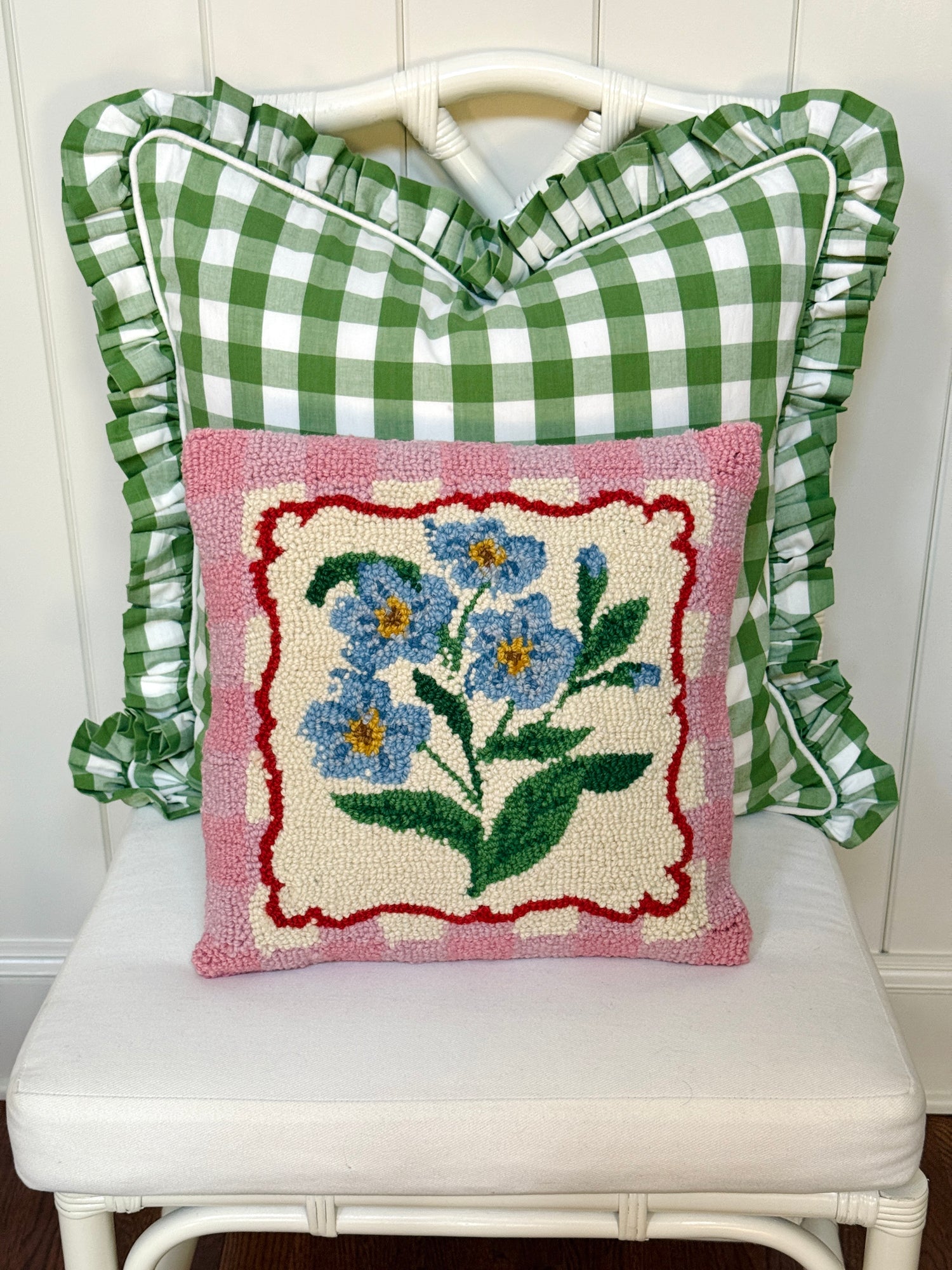 Blue flowers and pink gingham hand hooked pillow