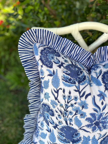 Blue and white block print floral ruffle pillow cover