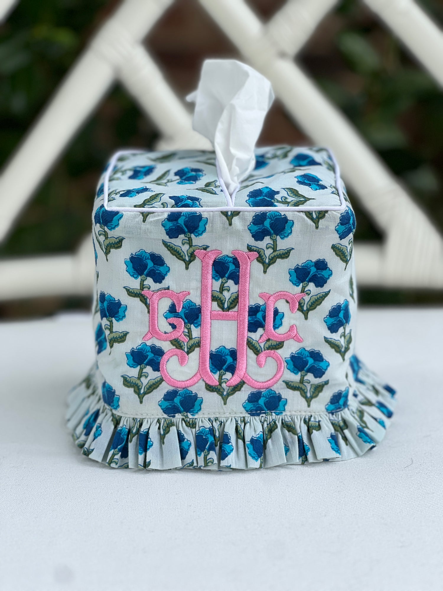 Green and blue floral ruffle tissue cover, custom monogram available