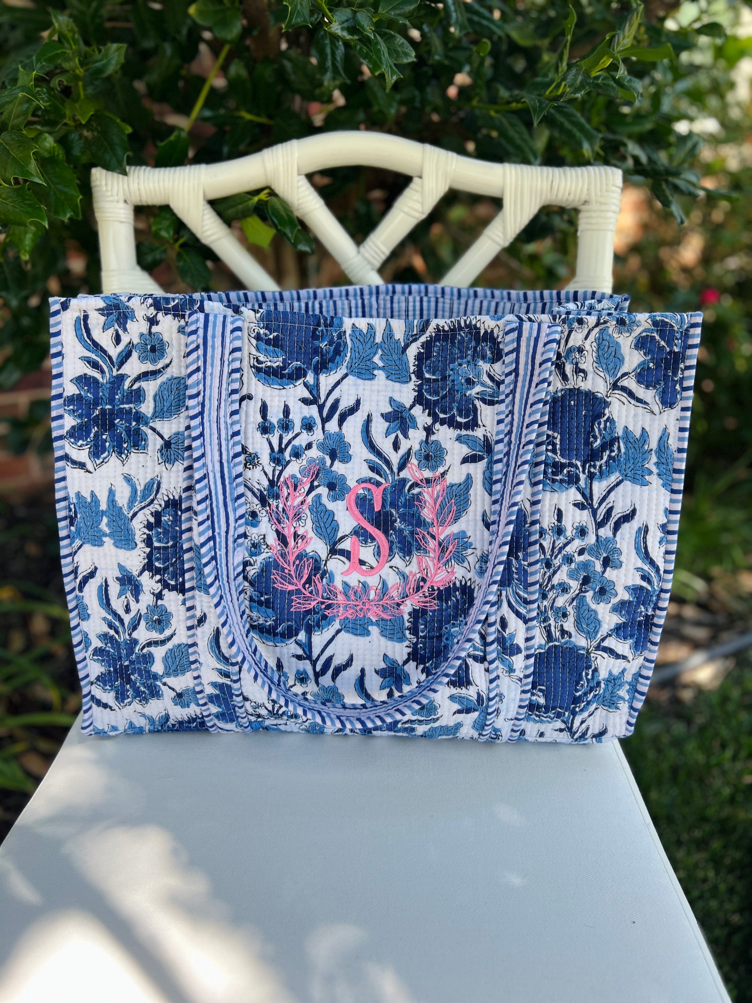 Blue and white quilted block print tote bag monogram available