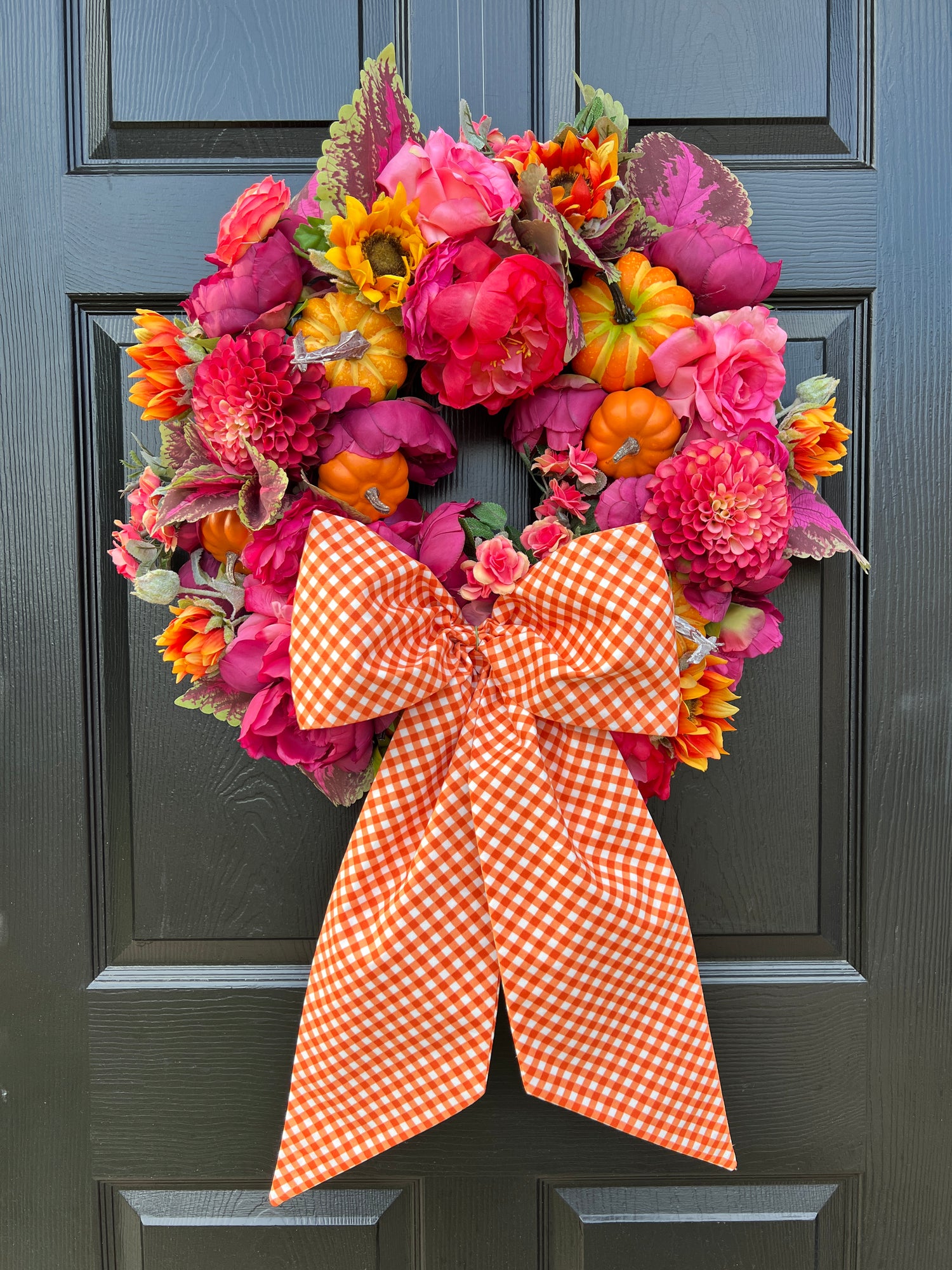 Pink and orange pumpkin Fall floral wreath