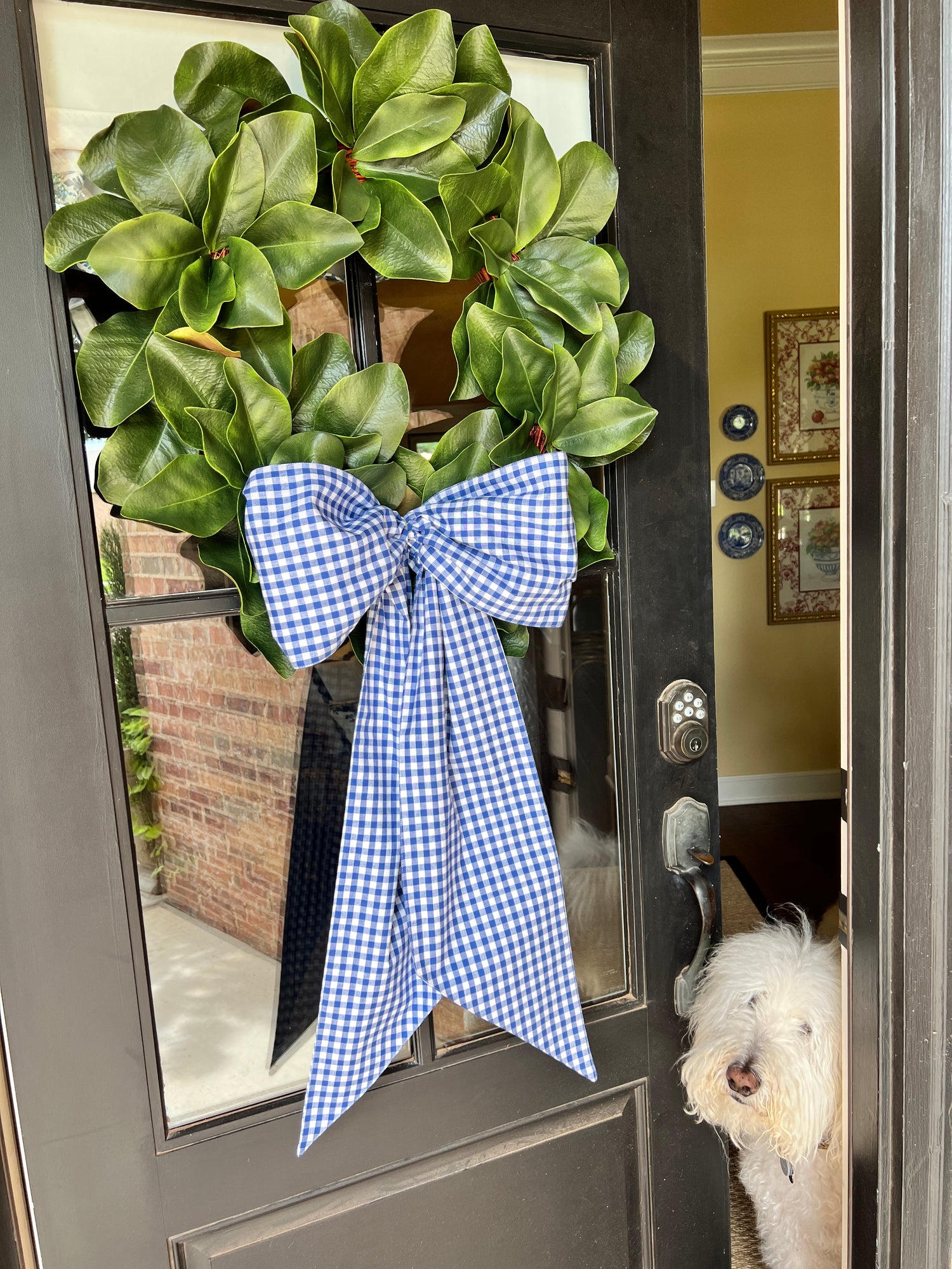 Blue and white gingham wreath bow sash custom monogram available