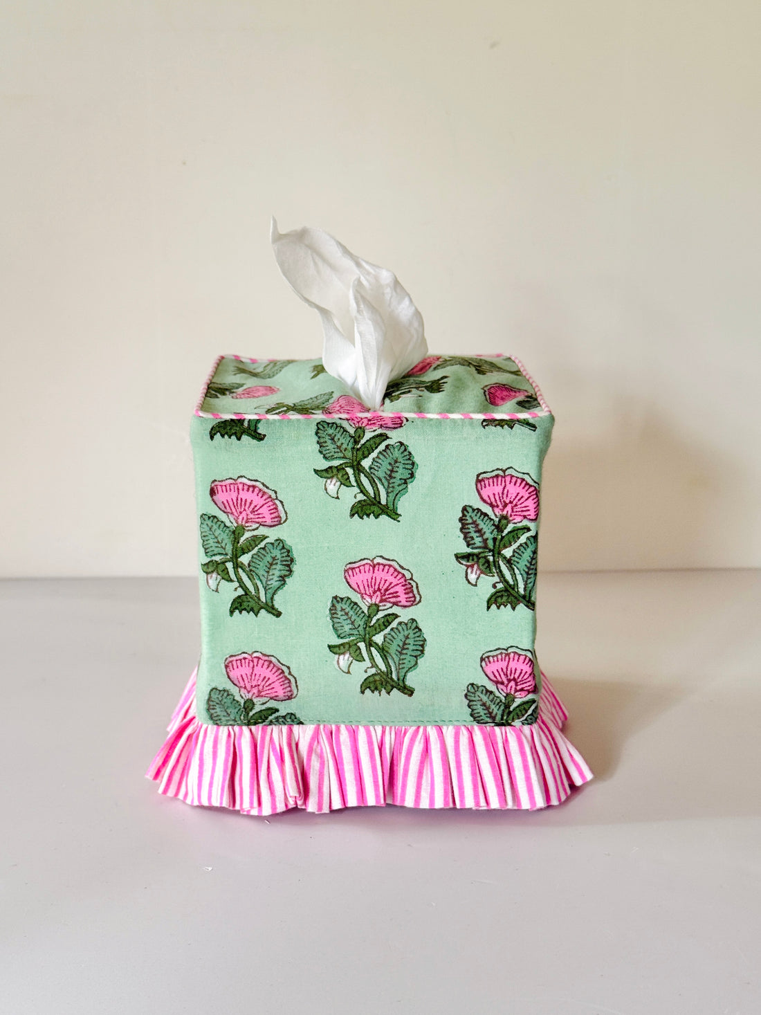 Green and pink block print floral tissue cover, custom monogram available