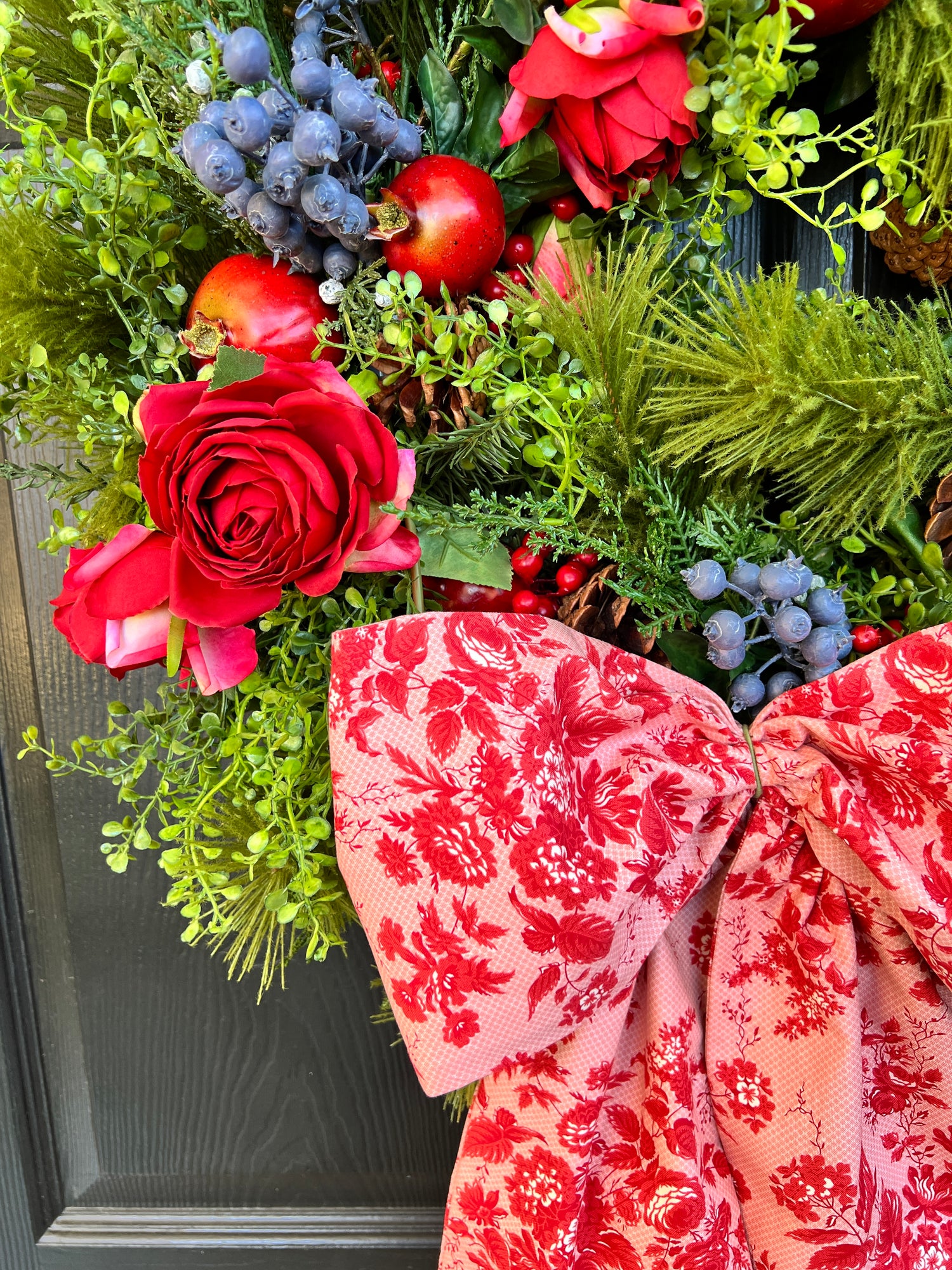 Red and pink floral toile wreath sash