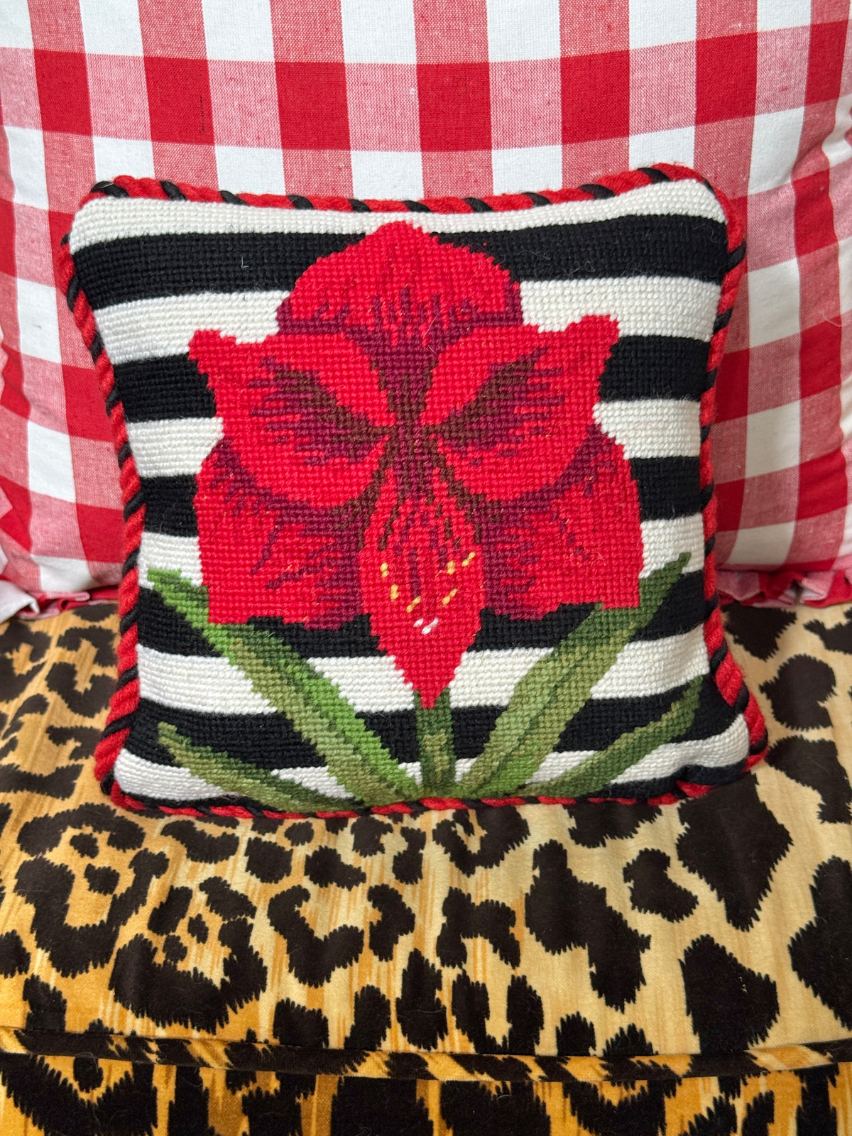 Amaryllis stripes needlepoint accent pillow