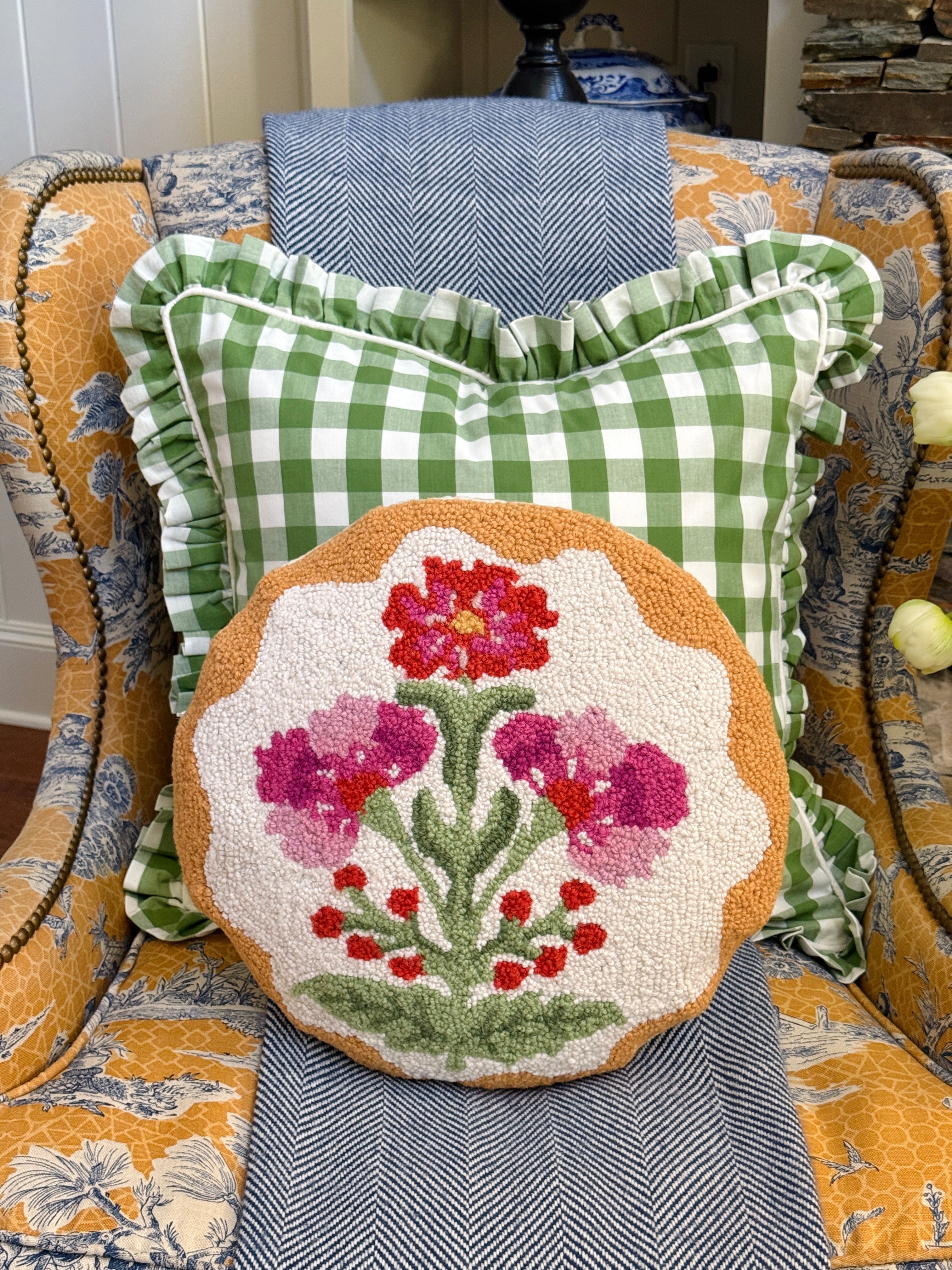 Mughal red and pink flower hand hooked pillow