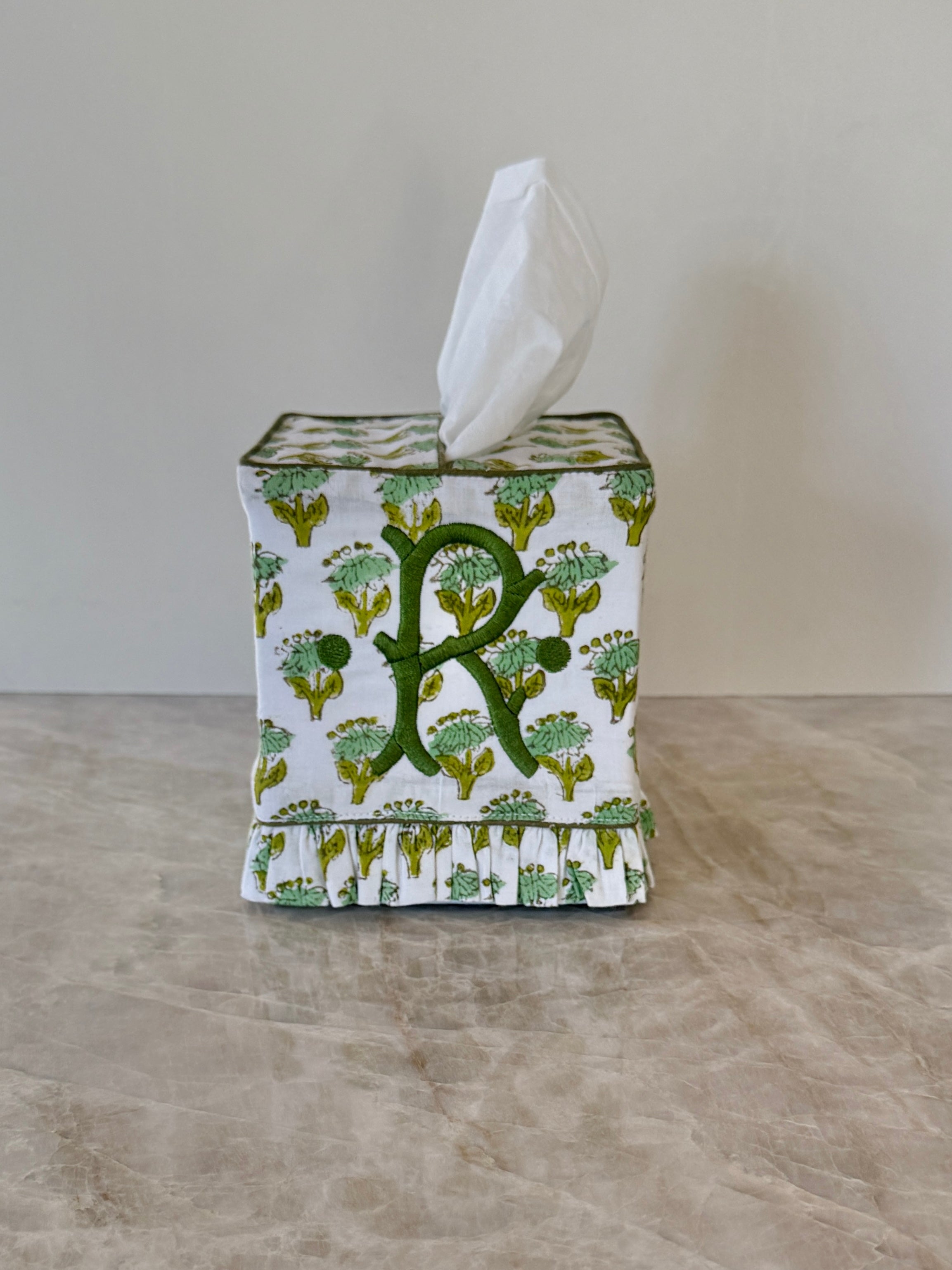 Moss green floral block printed ruffle tissue cover, custom monogram available