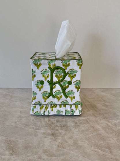 Moss green floral block printed ruffle tissue cover, custom monogram available