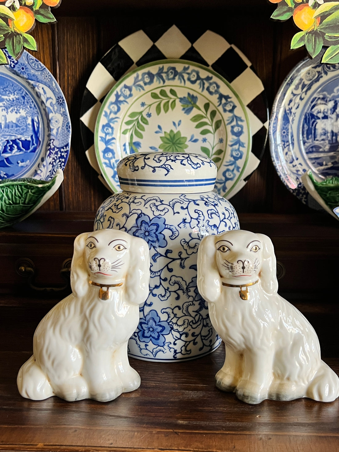 White and gold porcelainStaffordshire dog pair