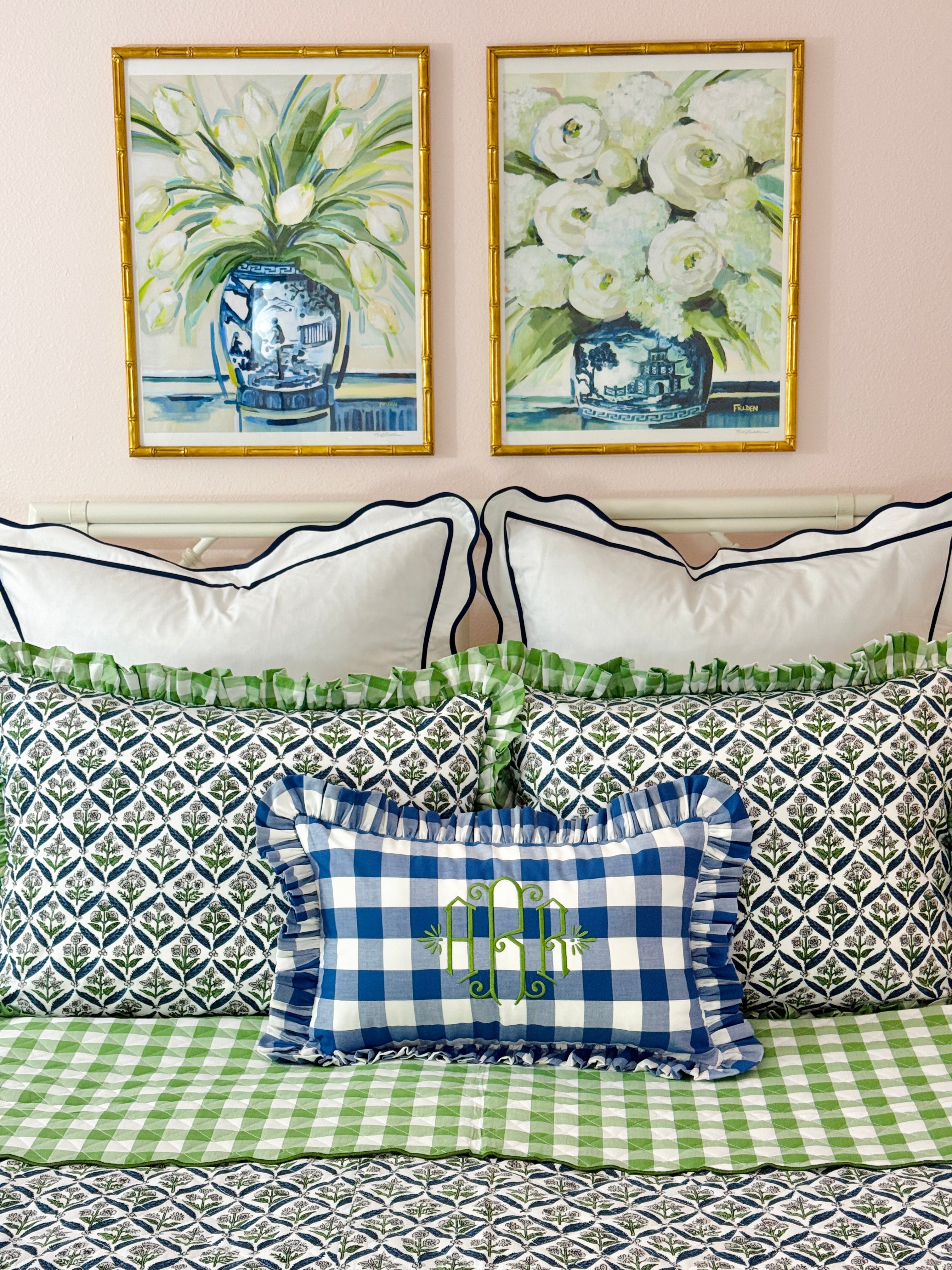 Blue buffalo check ruffle pillow cover