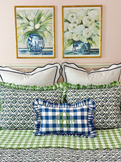 Blue buffalo check ruffle pillow cover