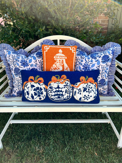 Blue and white block print floral ruffle pillow cover