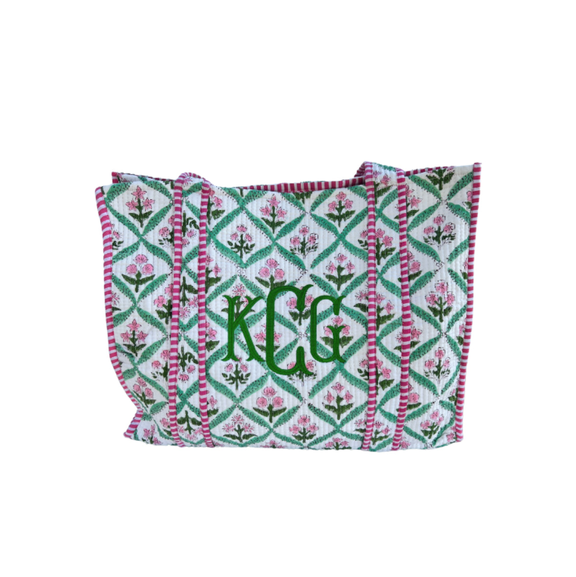 Pink and green quilted block print tote bag monogram available