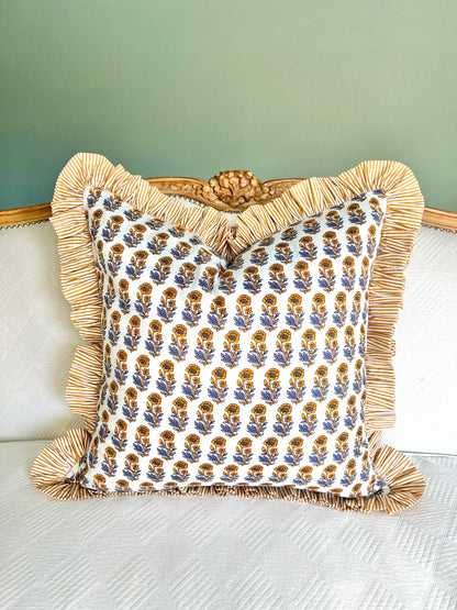 Yellow and blue floral block print pillow cover with ruffle trim