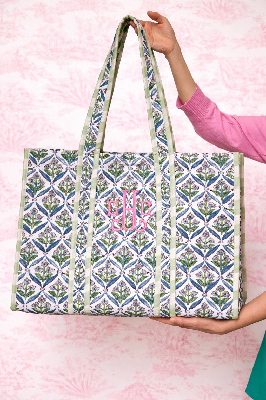 Blue and green quilted block print oversized tote bag monogram available
