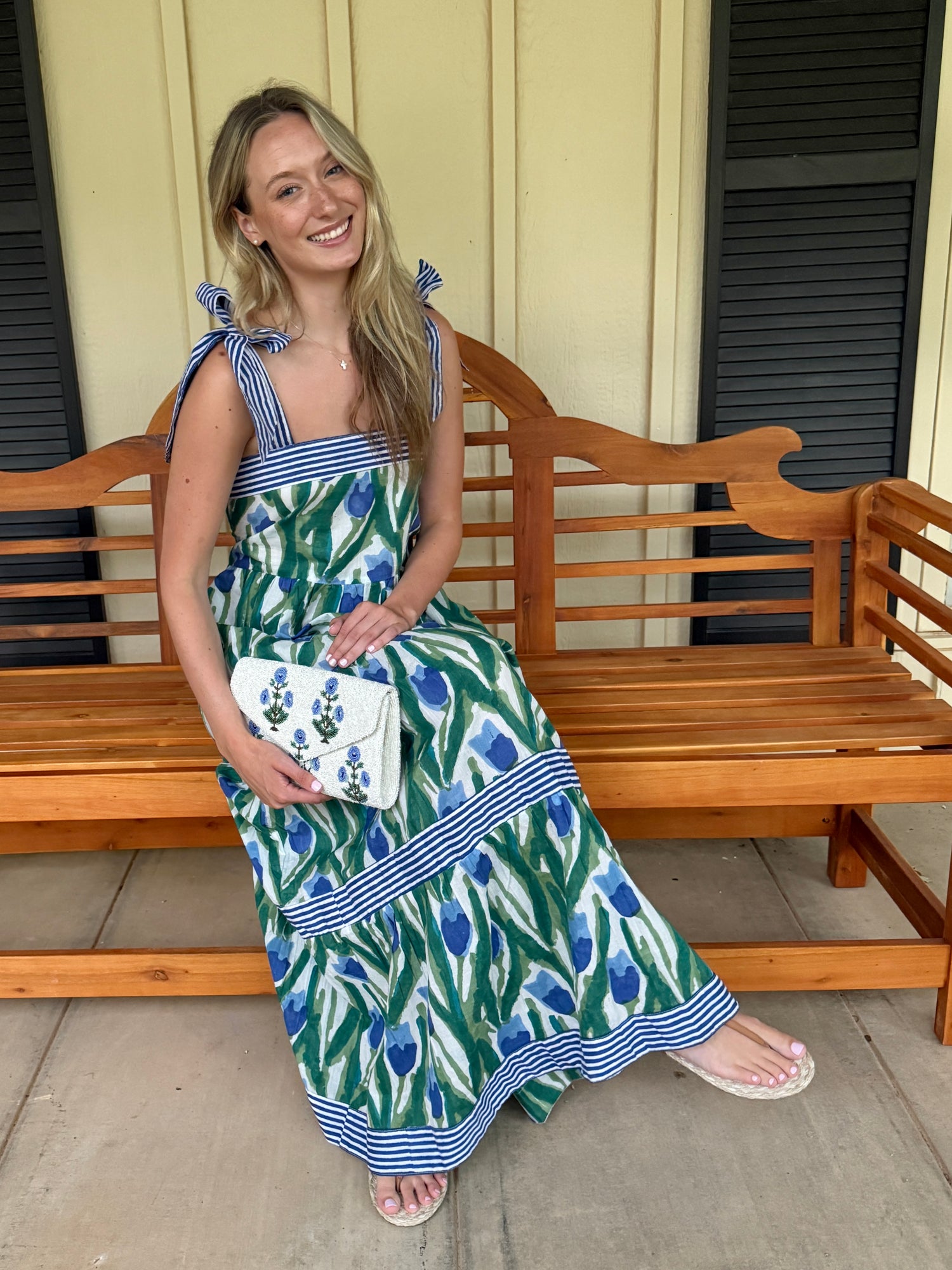 Maisie Maxi Dress in blue and green tulip block print Grace Harris Collection Maisie Maxi Dress in blue and green tulip block print Grace Harris Collection
