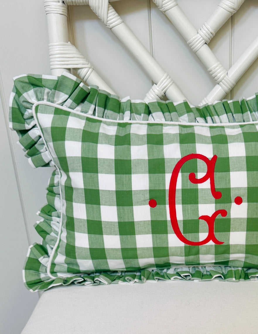 Fern green check pillow cover with ruffle trim, monogram available