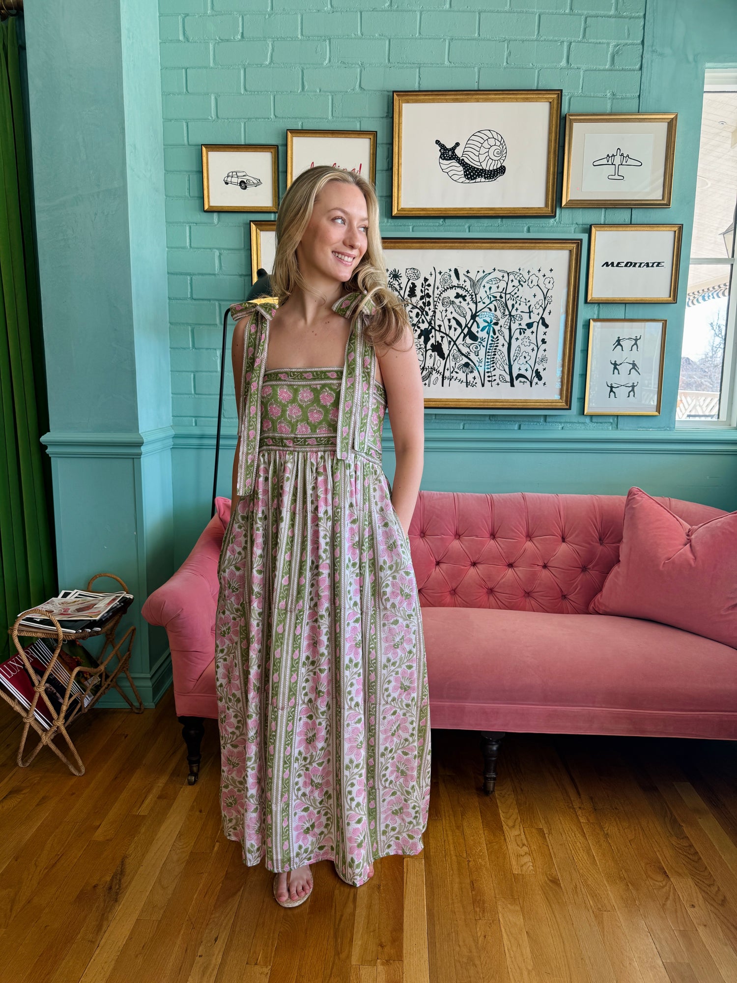 Lottie dress with tie shoulders in pink and green
