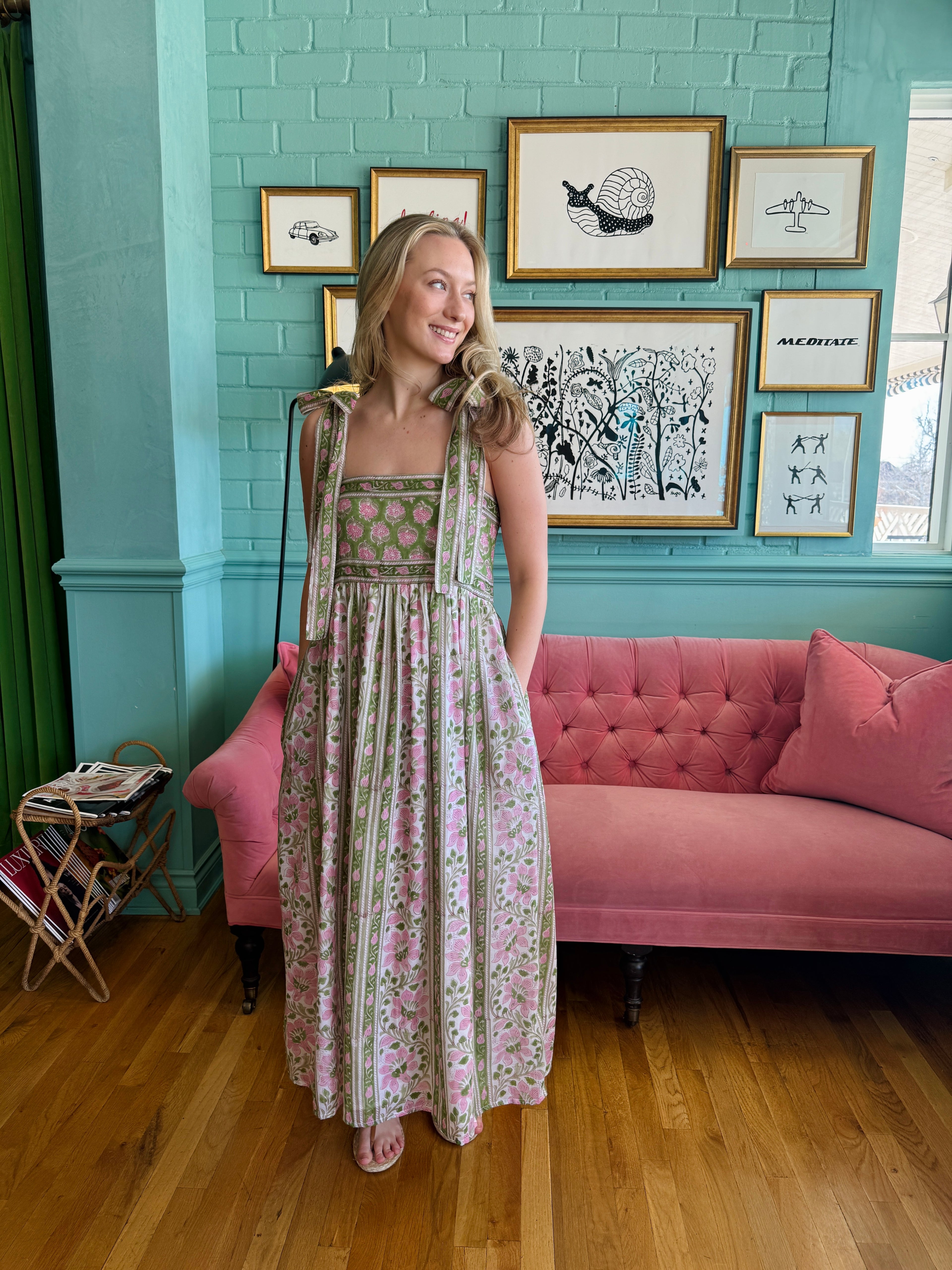 Lottie dress with tie shoulders in pink and green