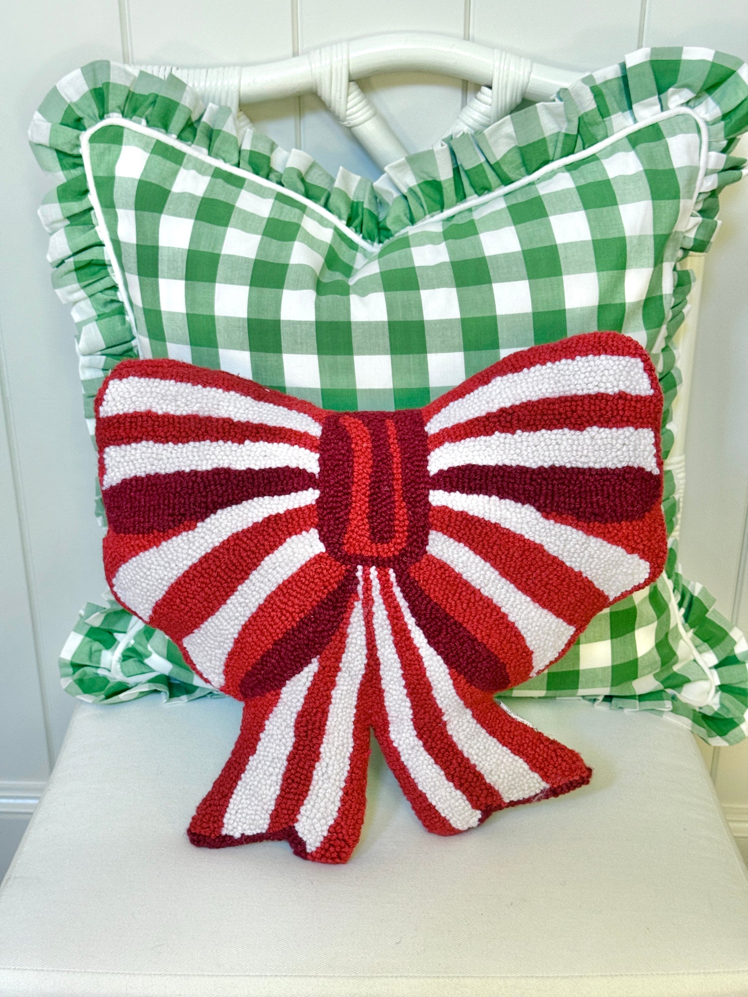 Red striped hand hooked bow pillow