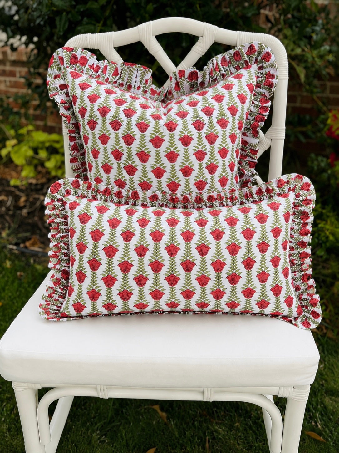 Red tulip block print floral pillow cover with ruffle trim