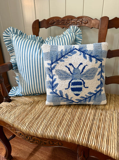 Blue and white bee and gingham hand hooked pillow