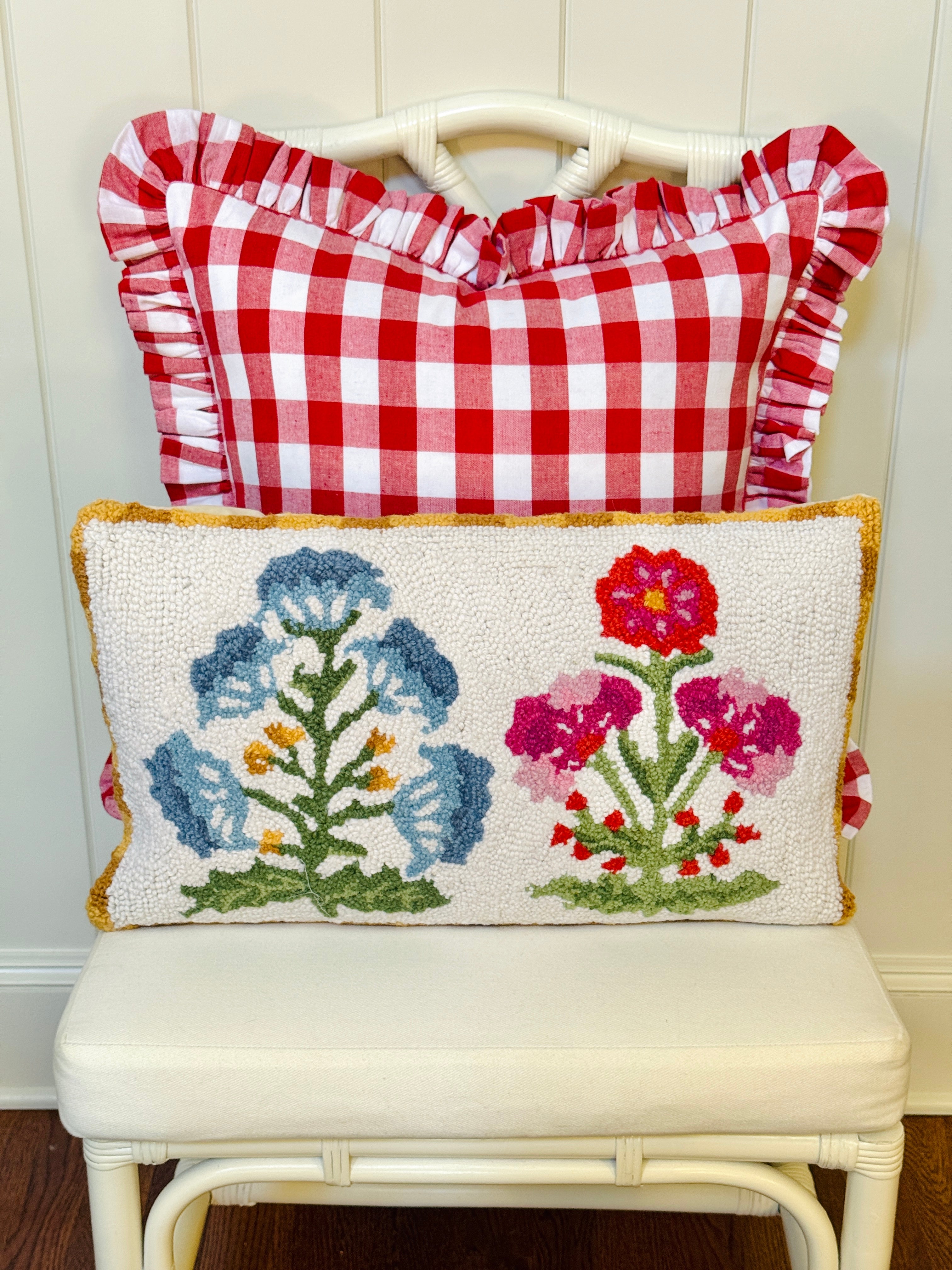 Mughal pink and blue flower hand hooked lumbar pillow