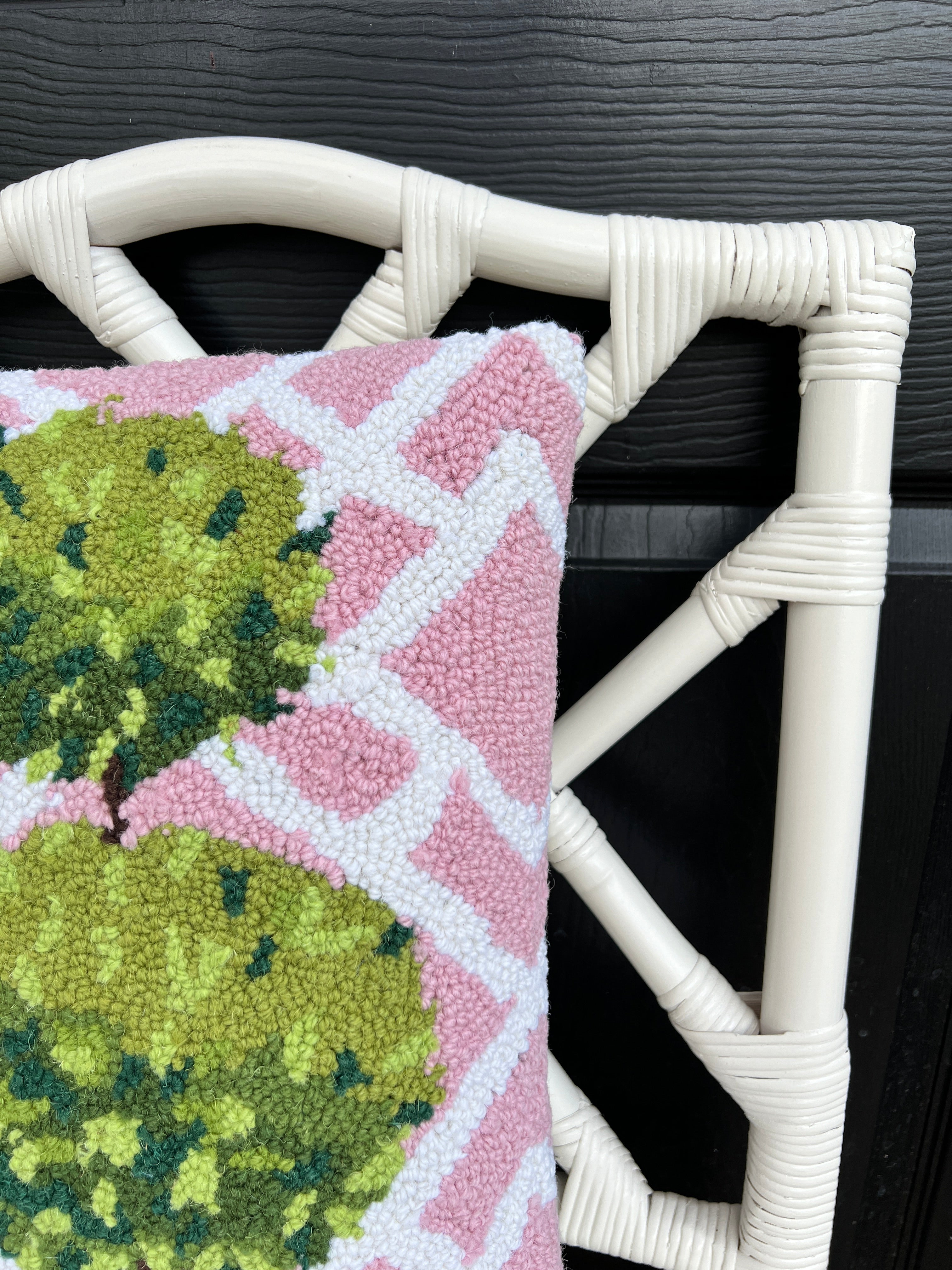 Pink trellis hooked wool topiary pillow