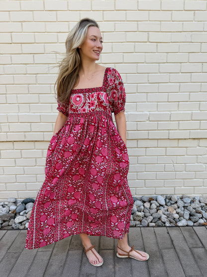 Lottie dress with puff sleeves in red and pink