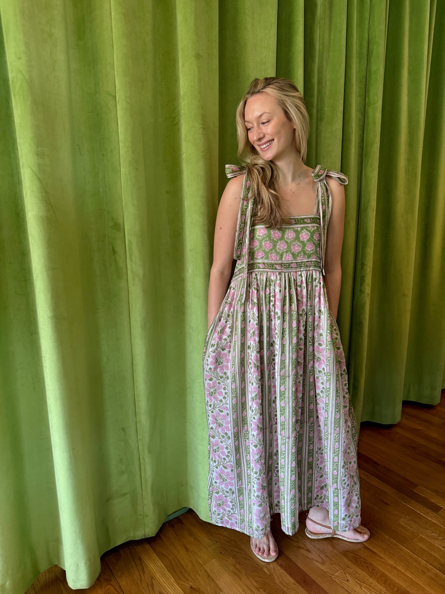 Lottie dress with tie shoulders in pink and green