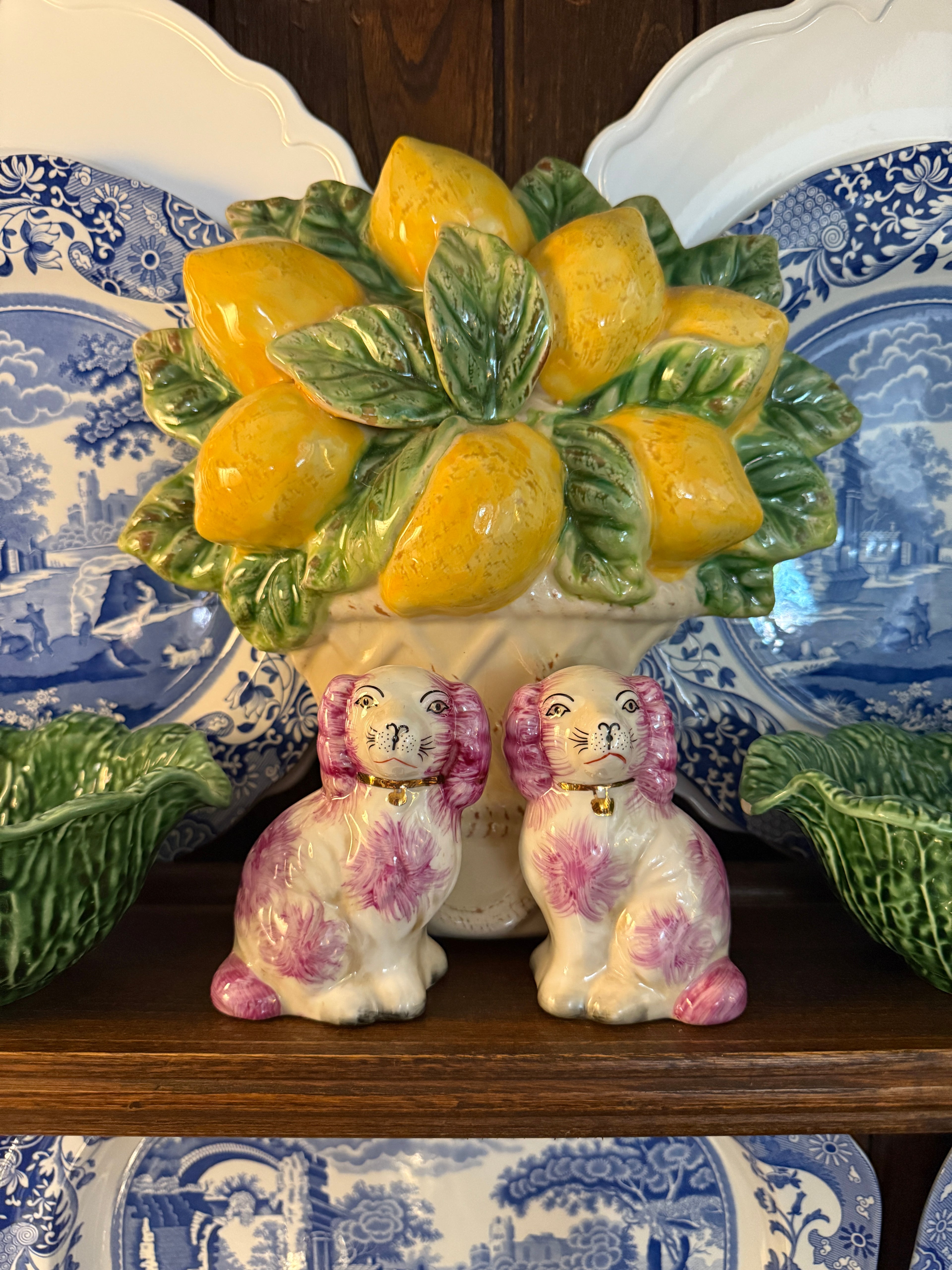 Mini pink porcelain Staffordshire dog figurine pair