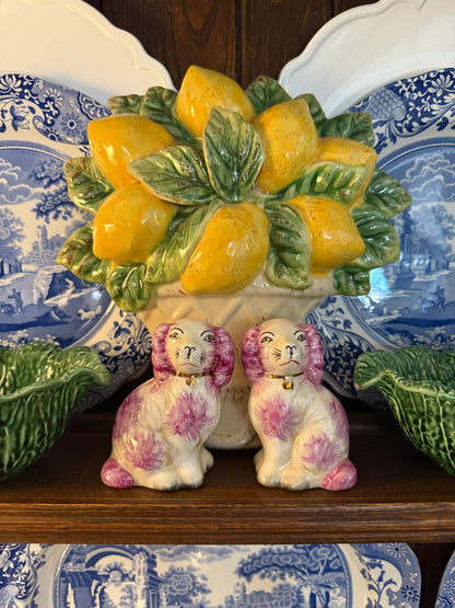 Mini pink porcelain Staffordshire dog figurine pair